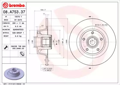 Тормозной диск (BREMBO: 08.A753.37)