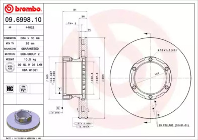 Тормозной диск (BREMBO: 09.6998.10)