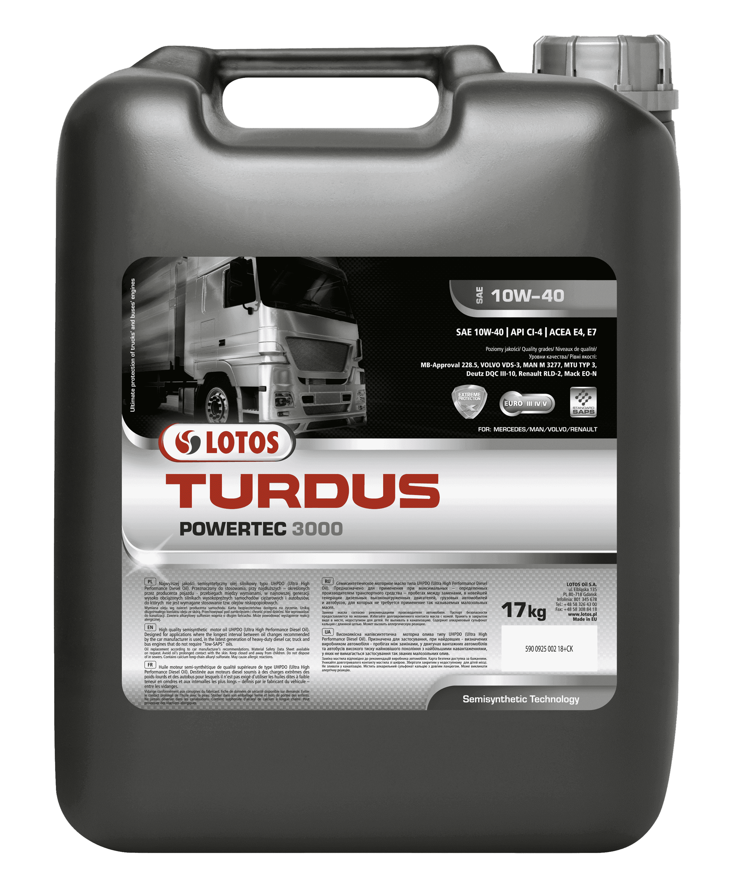 Моторное масло Lotos Turdus Powertec 3000 10W-40, 17кг (Lotos: TURDUSPOWERTEC300010W4017KG)