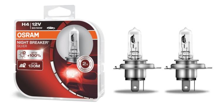 Лампа галогенная Osram Night Breaker Silver +100% H4 12V 60/55W (2 шт.) (64193NBSHCB) Osram 64193NBS-HCB (OSRAM: 64193NBS-HCB)