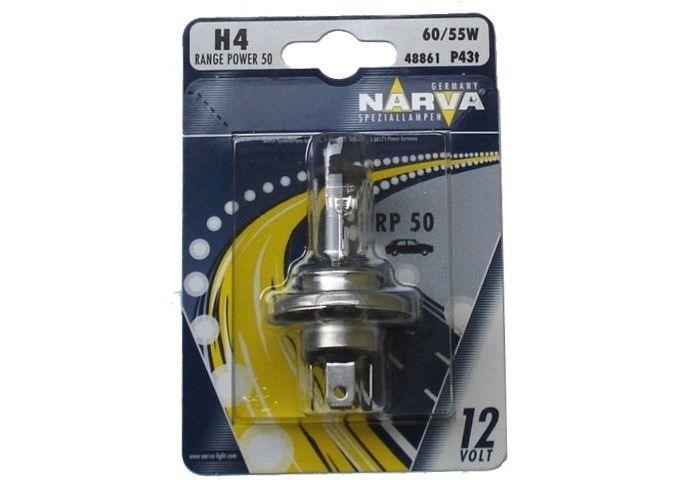 Лампа накаливания H4 12V 60/55 W P43t RANGE POWER 50+ (48861B1) Narva 48861_B1 (NARVA: 48861_B1)