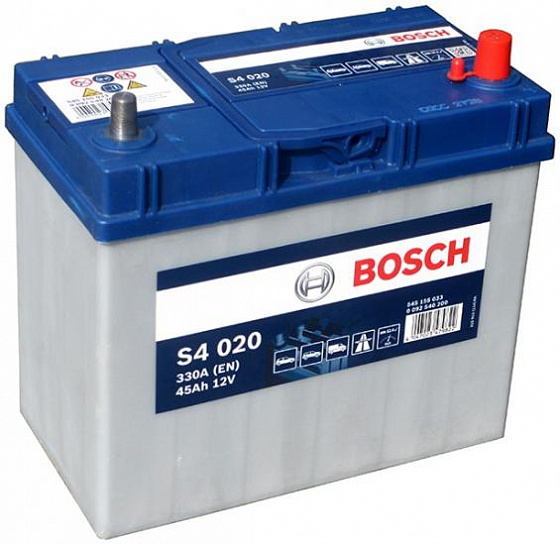 Аккумулятор Bosch S4 020 Asia (45 А/h), 330A R+ JIS  тонкие клеммы (545 155 033) (BOSCH: 0092S40200)