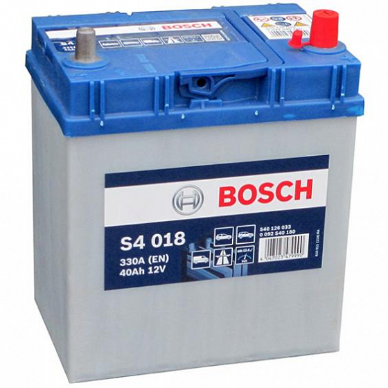 Аккумулятор Bosch S4 018 Asia (40 А/h), 330A R+ JIS  тонкие клеммы (540 126 033) (BOSCH: 0092S40180)