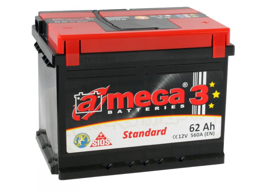 Аккумулятор A-mega Standard 6СТ-62 (62 А/h), 560А L+ (A-mega: ASt621)