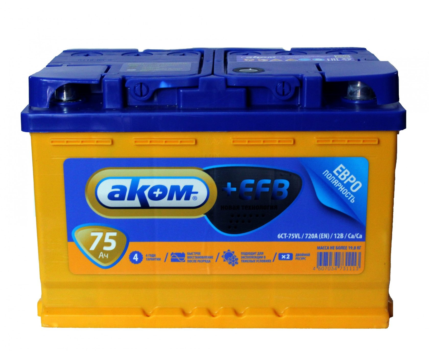 Аккумулятор AKOM +EFB 6CT-75 Евро (75 A/h), 720А R+ (AKOM: 6СТ750EFB)